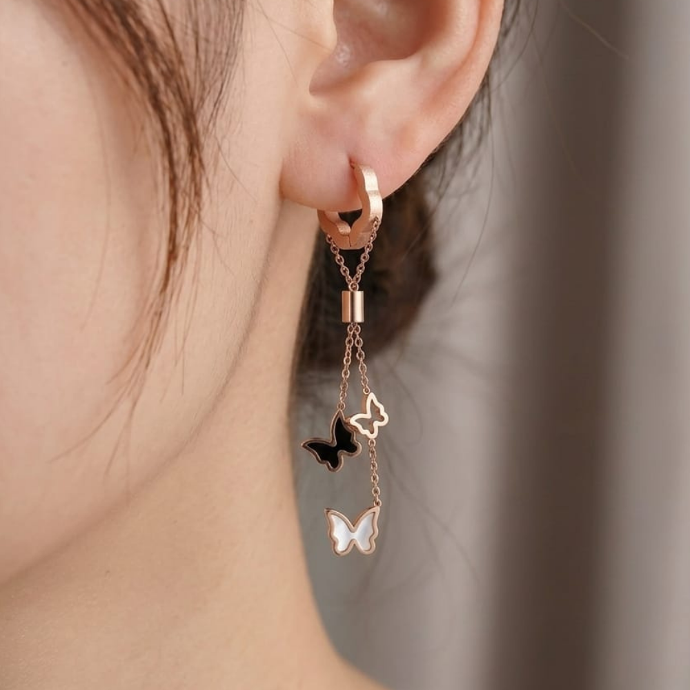 Cascading Butterfly Tassel Drops – 18K Rose Gold PVD Anti-Tarnish Statement Earrings