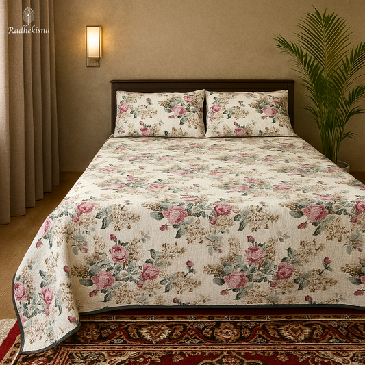 RadheKisna Heritage Gardenia Quilted Bed Cover Set – Reversible Botanical Luxury - Radhekisna