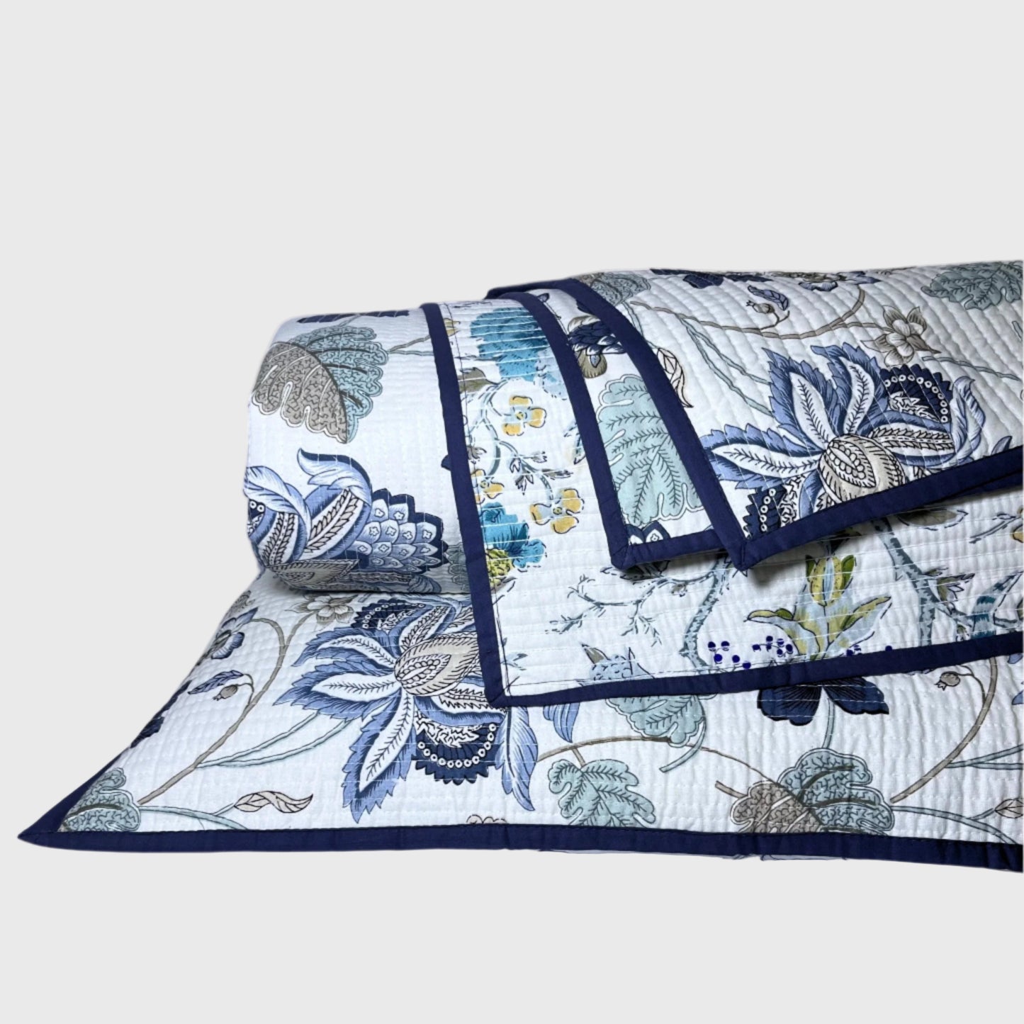 RadheKisna Floral Blue Reversible Quilted Bed Cover Set – Elegant Comfort - Radhekisna