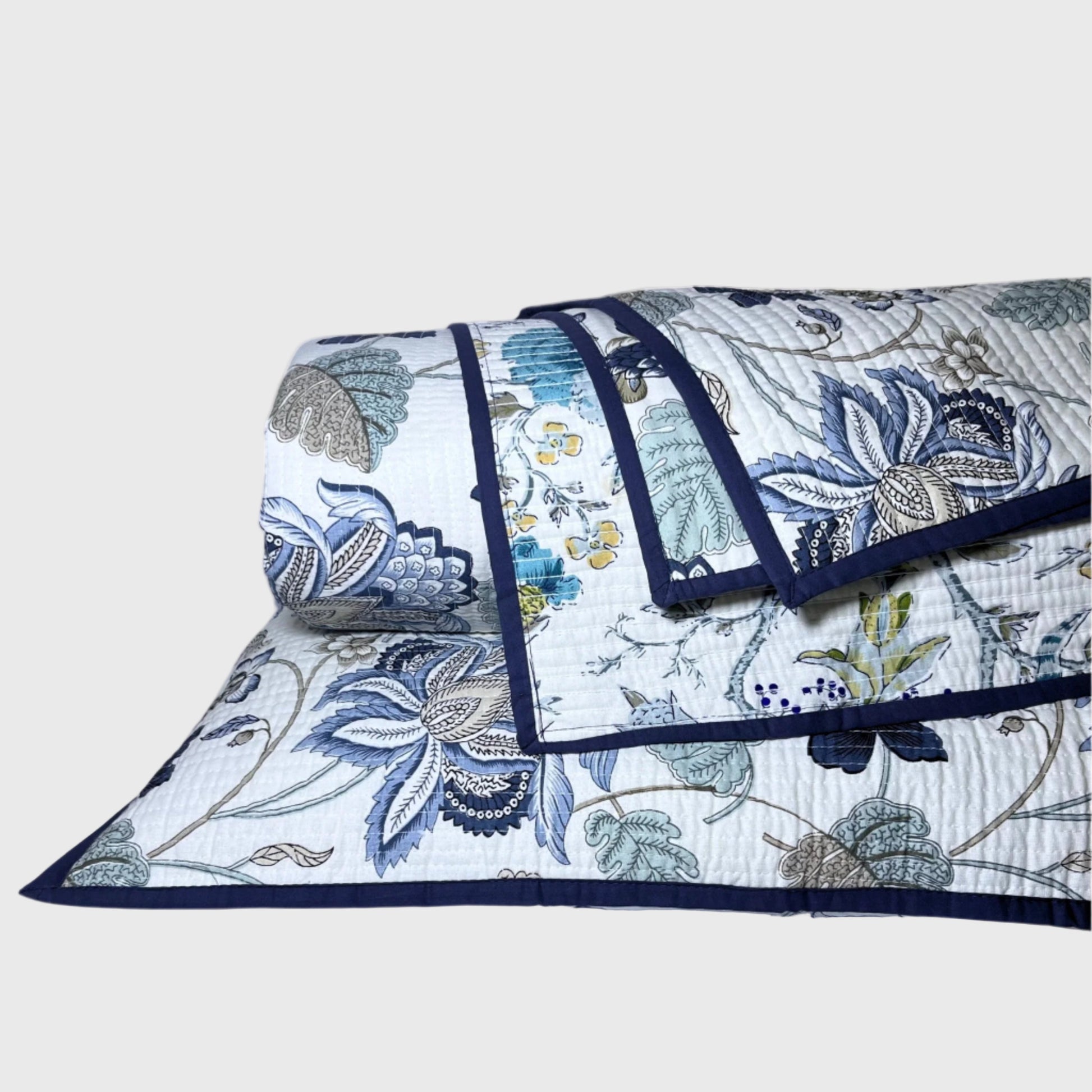 RadheKisna Floral Blue Reversible Quilted Bed Cover Set – Elegant Comfort - Radhekisna