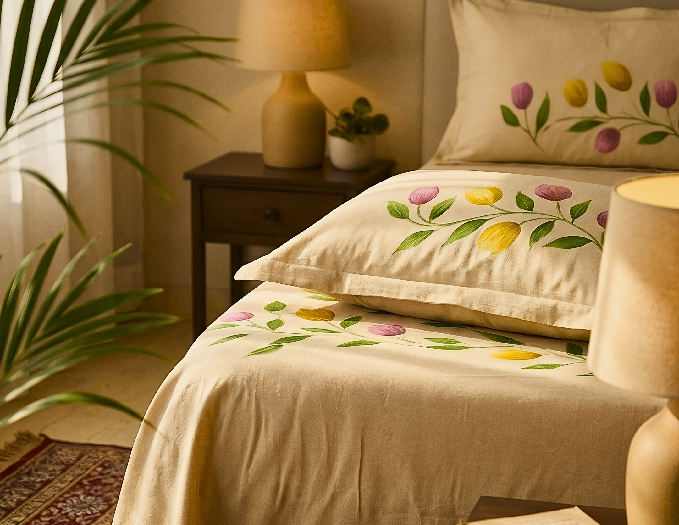 Bed with floral embroidery, lamps, and a plant in a cozy bedroom setting.