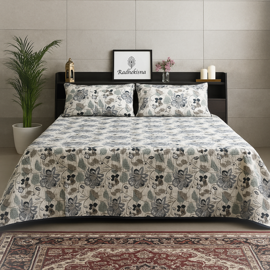 RadheKisna Floral Blue Reversible Quilted Bed Cover Set – Elegant Comfort - Radhekisna